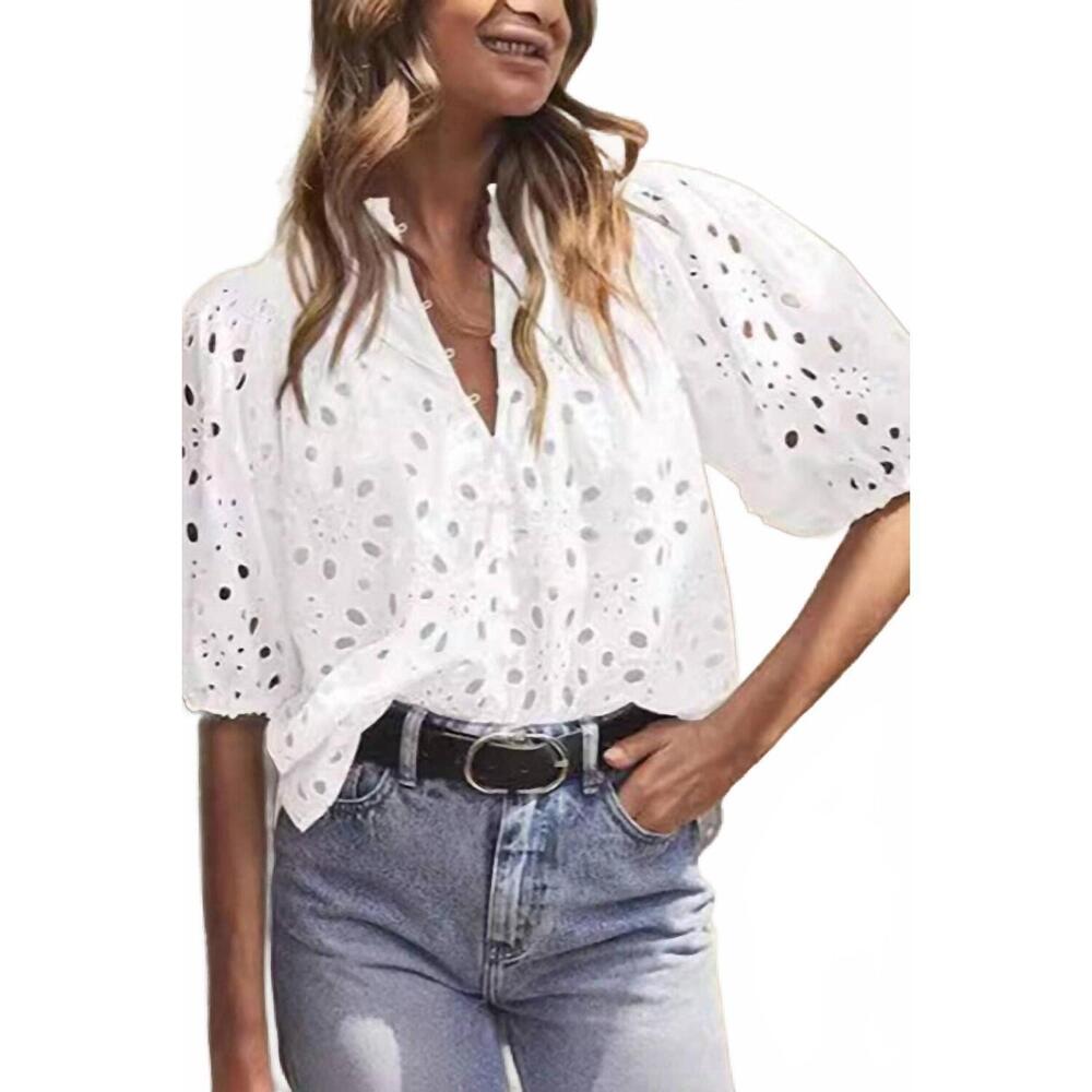 NEW DE VAVE molly hollow out lantern sleeve top in white